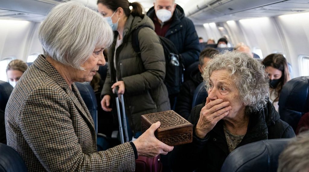 An older woman presenting a small intricately carved wooden box to another older woman whose face shows shock and dawnin