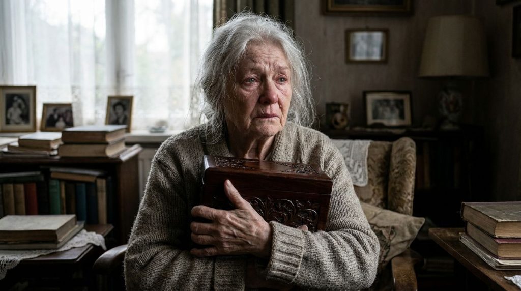 An elderly woman with a grief-stricken expression clutching a small wooden box to her chest her eyes distant and sad in 