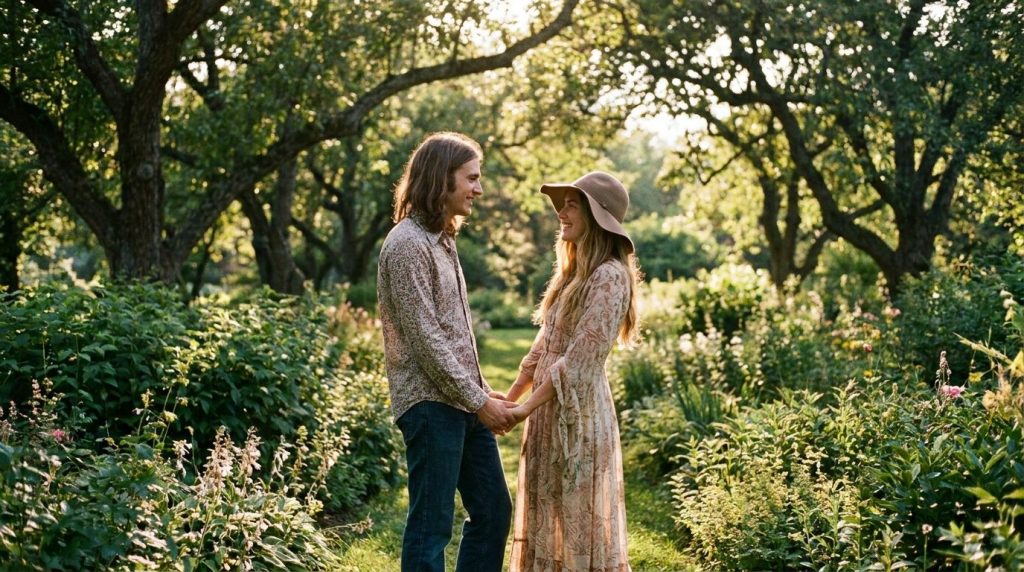 A young couple a man and a woman holding hands and smiling in a sunlit park looking lovingly at each other They are dres