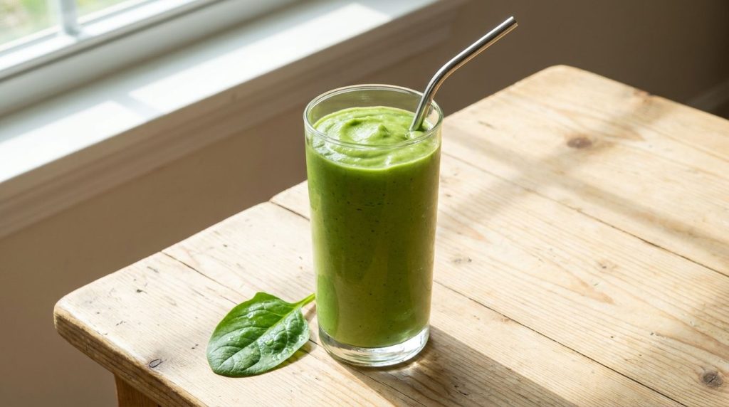 A finished green avocado smoothie poured into a tall glass with a straw garnished with a spinach leaf