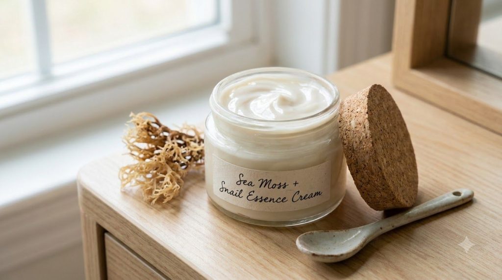 A small clean glass jar filled with the freshly made DIY Vaseline Sea Moss and Snail Essence cream with a lid nearby The