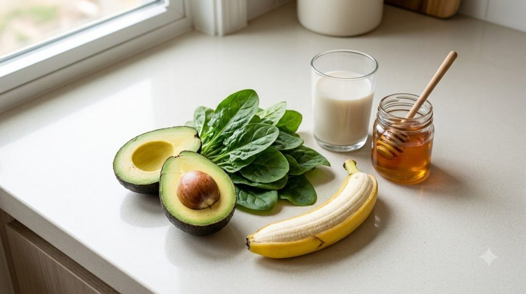 All ingredients for a green avocado smoothie laid out on a kitchen counter