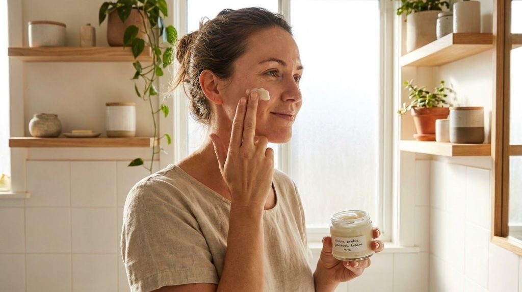 A woman gently massaging a small amount of the DIY beauty cream onto her face focusing on her cheek and under-eye area d