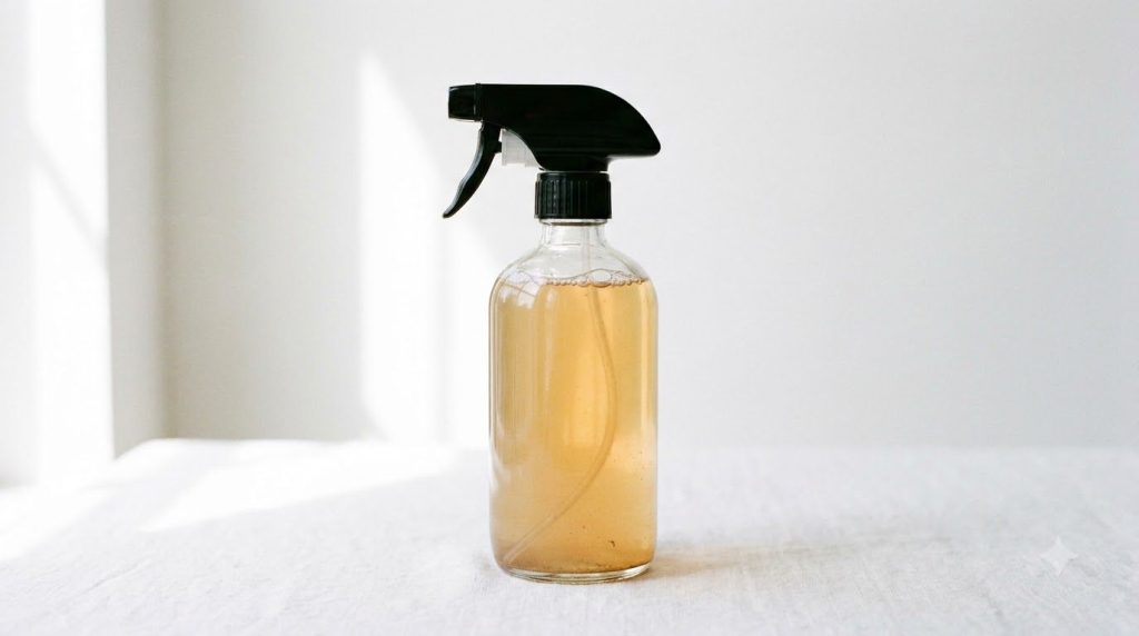A clear glass spray bottle filled with a light amber-colored liquid representing the finished onion hair rinse placed on