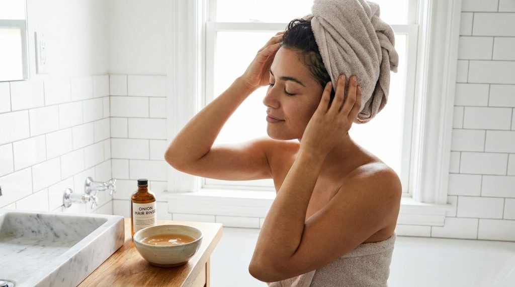 A woman gently massaging her scalp with her fingertips demonstrating the application of the onion hair rinse with her ha
