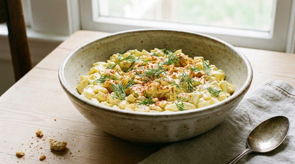 A large bowl of creamy classic egg salad garnished with fresh dill and paprika ready to be served