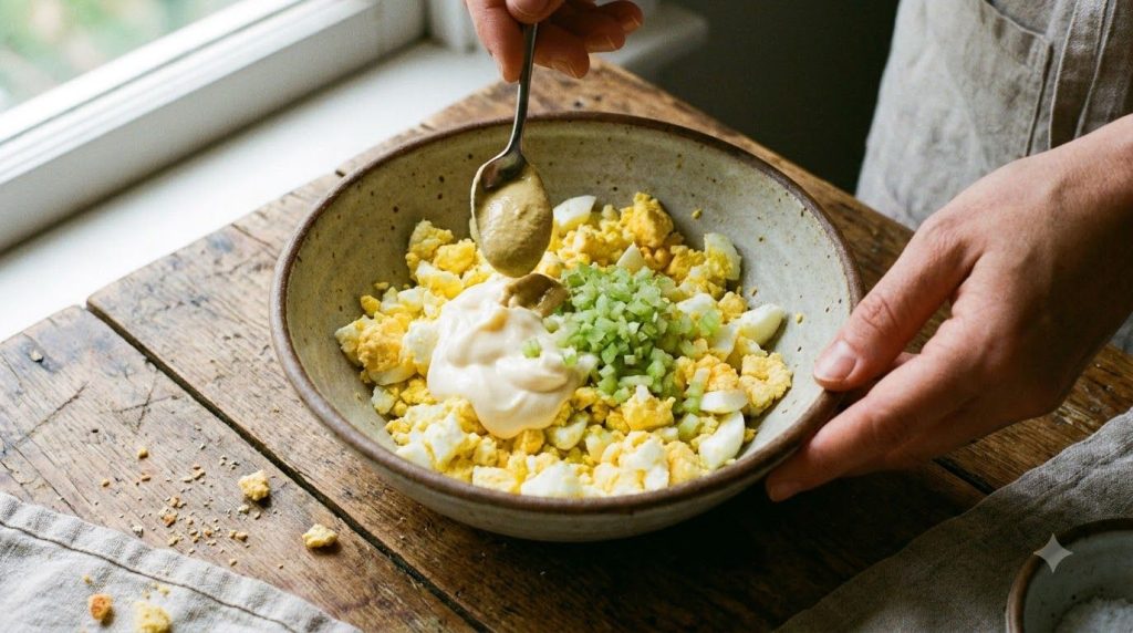 A bowl of mashed hard-boiled eggs with mayonnaise mustard and chopped celery being added