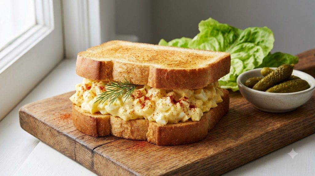 Classic egg salad served on toasted bread with a sprinkle of paprika and fresh dill