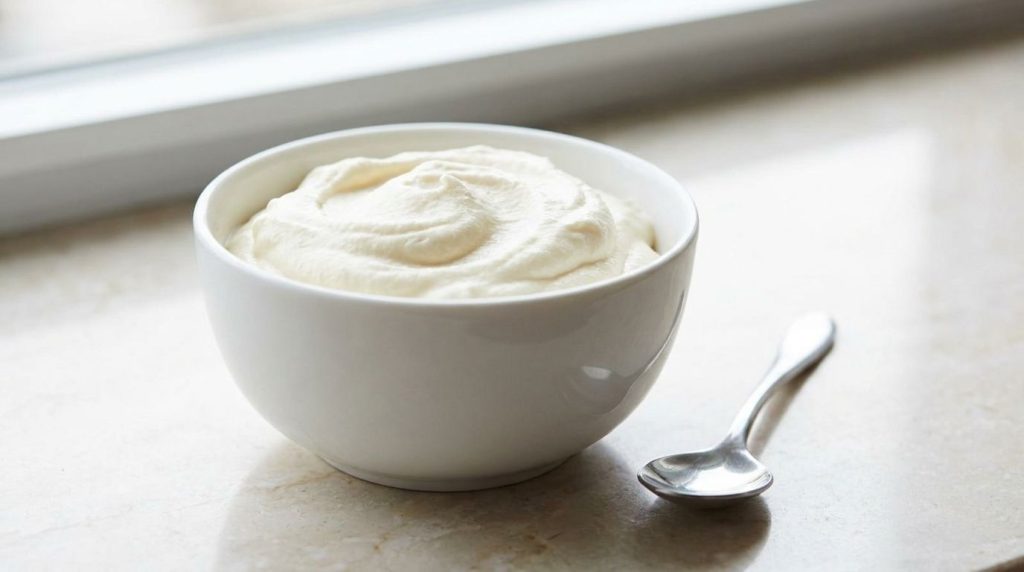 A small decorative bowl filled with a creamy white fluffy mixture that looks like Vaseline blended with whipped cream It