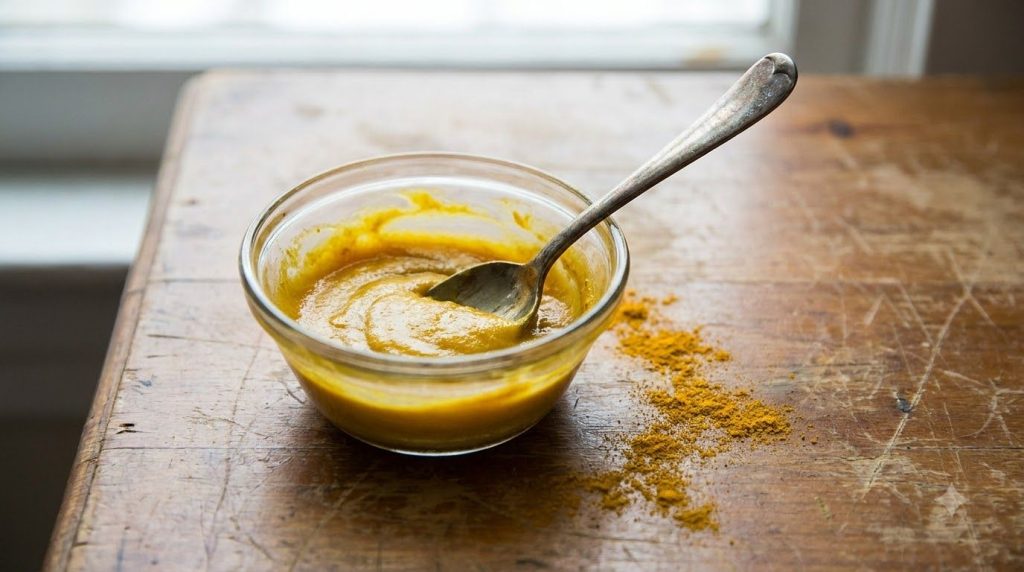 A close-up of a small bowl containing a golden yellow paste a mixture of Vaseline and turmeric powder A spoon is stirrin