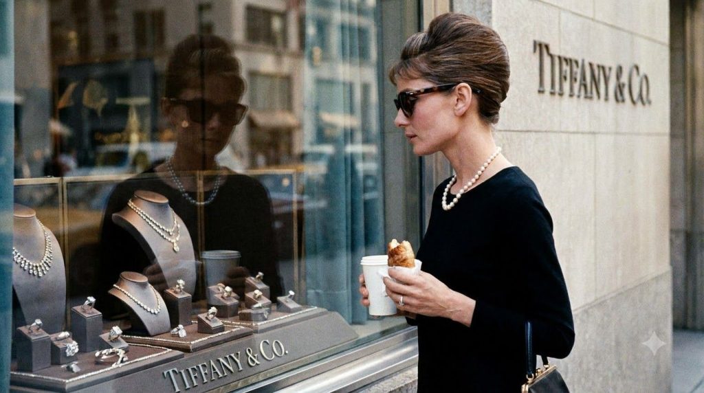 Audrey Hepburn as Holly Golightly looking through a jewelry store window a famous scene from Breakfast at Tiffany s