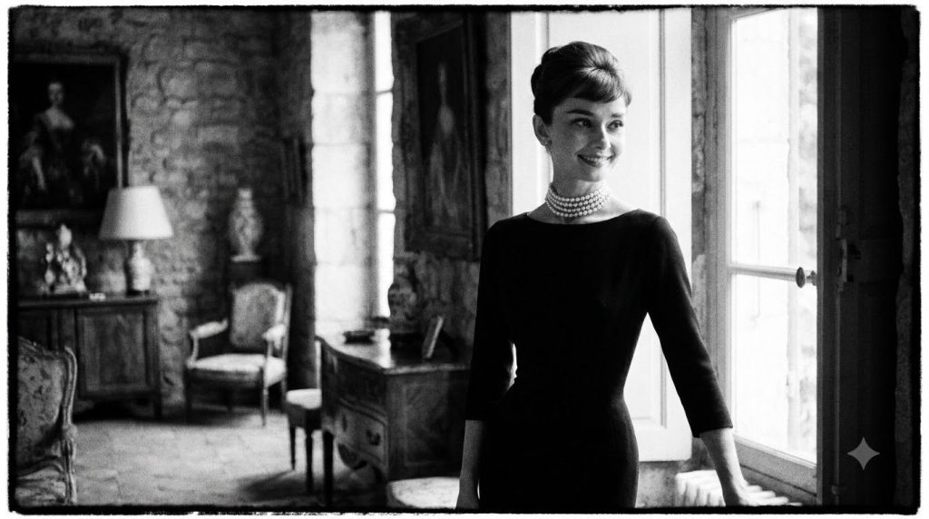Audrey Hepburn in a classic black dress and pearls showcasing her timeless fashion style