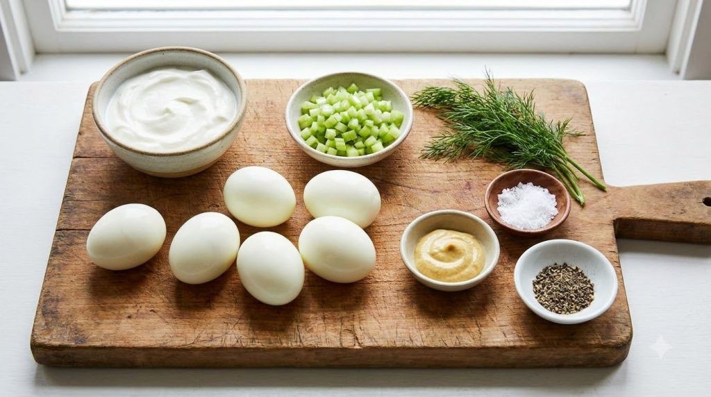 Ingredients laid out for healthy egg salad including hard-boiled eggs Greek yogurt celery and fresh herbs on a wooden cu