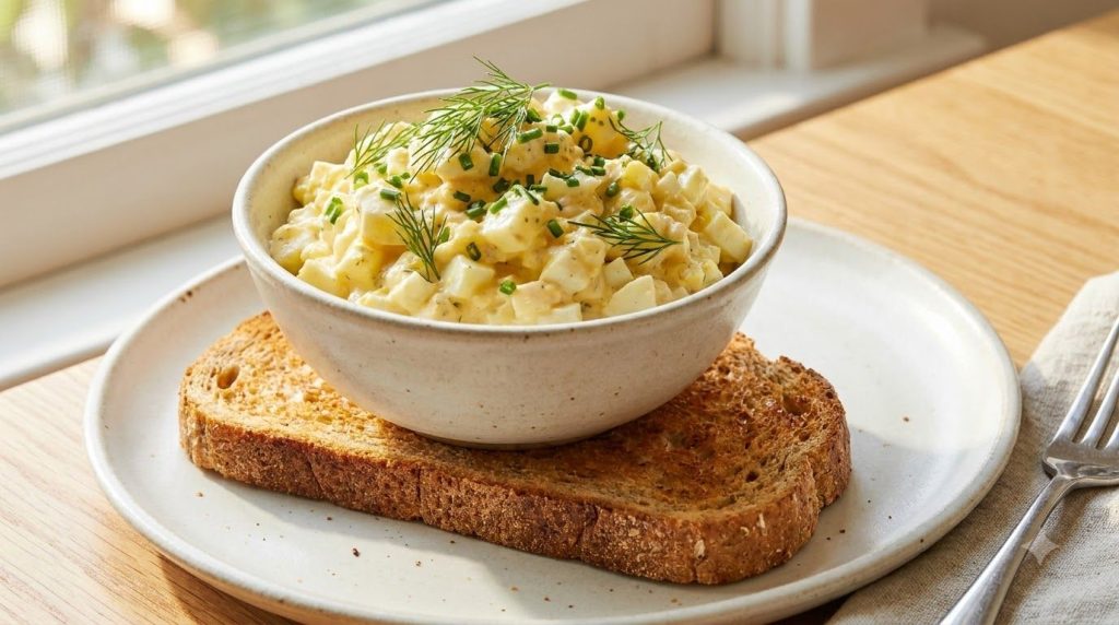 A bowl of creamy healthy egg salad garnished with fresh dill served on a slice of whole-wheat toast