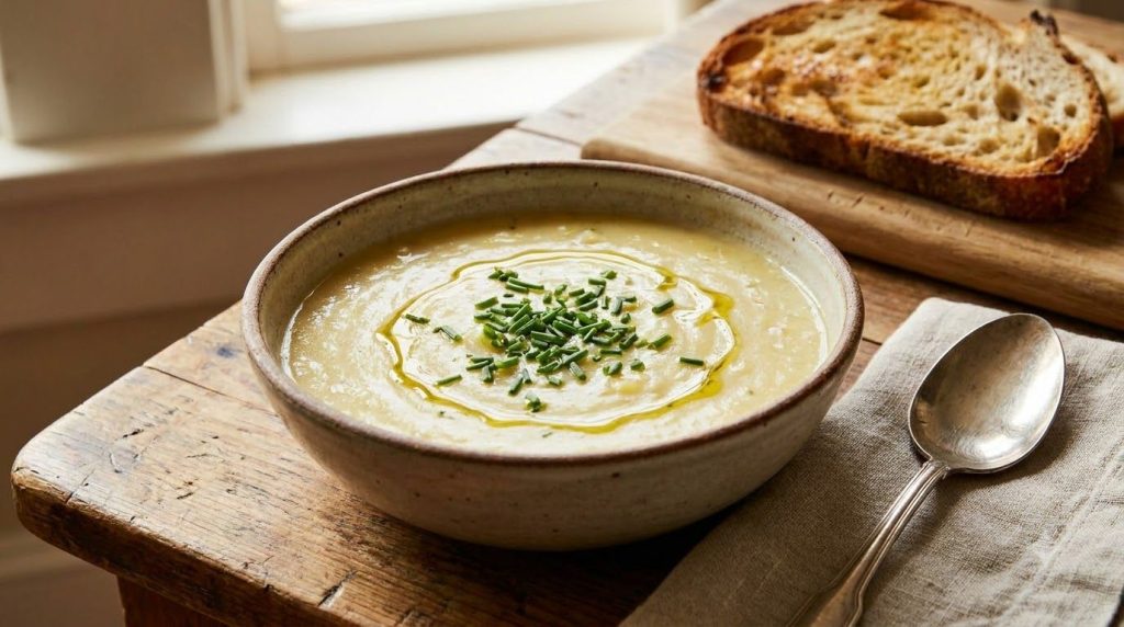 A creamy bowl of healthy potato leek soup garnished with fresh chives served with crusty bread on the side on a rustic w