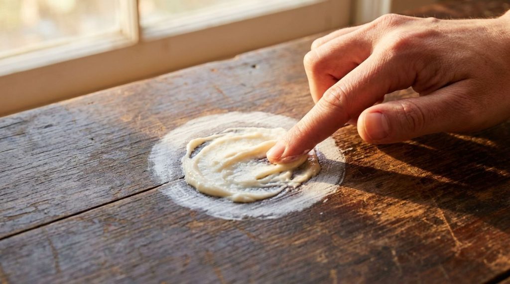 A close-up of a hand gently applying a thick white paste onto a visible water ring on a dark wooden table The paste cove
