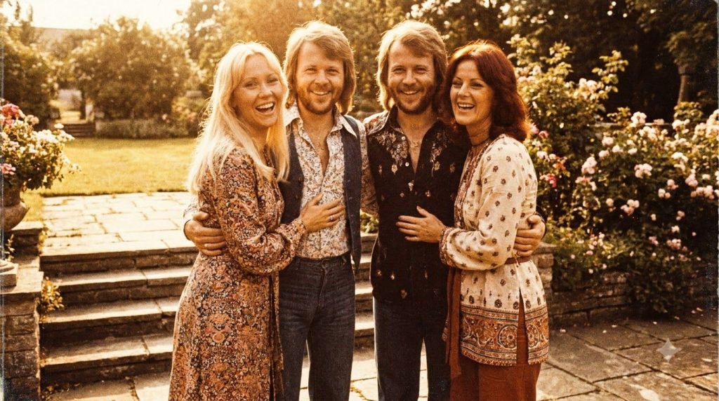 A vintage photograph of ABBA featuring all four members Agnetha Fältskog Björn Ulvaeus Benny Andersson and Anni-Frid Lyn