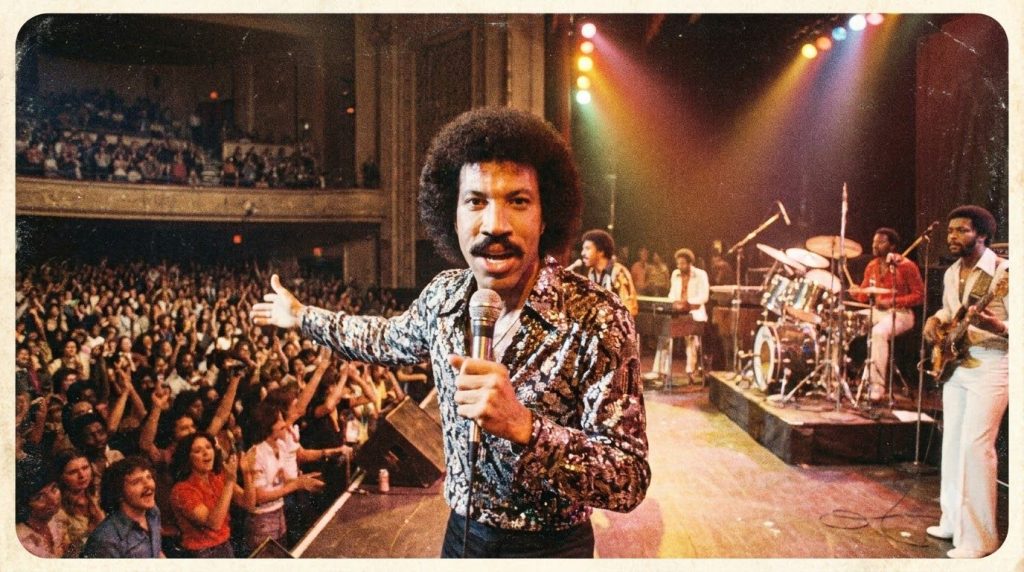 A vintage photograph of The Commodores performing on stage in the 1970s with a young Lionel Richie at the forefront spor