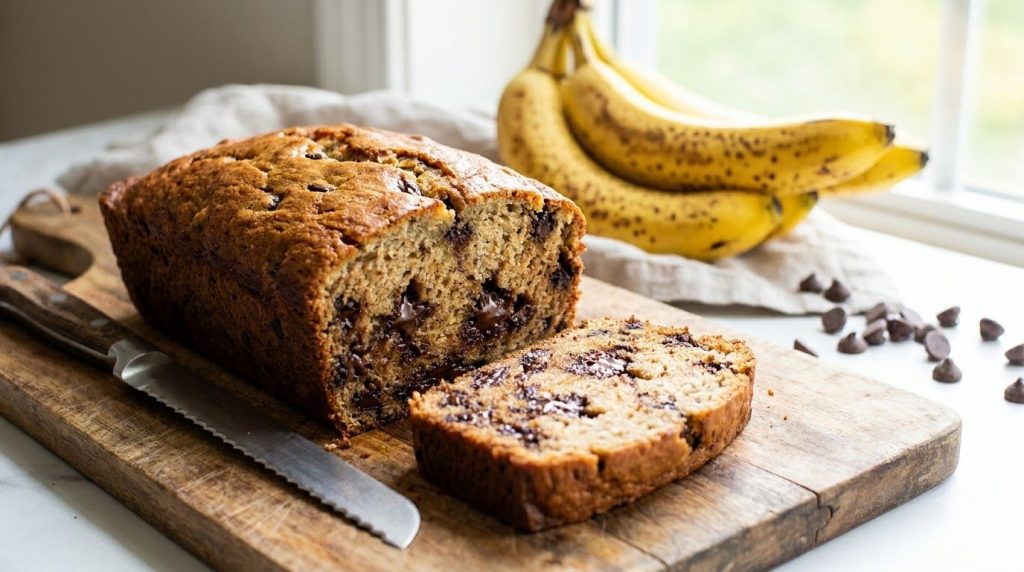 A loaf of golden-brown chocolate chip banana bread sliced with melty chocolate chips visible on a cutting board surround