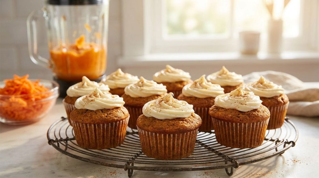 Fluffy carrot cake muffins with a cream cheese swirl or simple glaze arranged on a cooling rack with grated carrots and 