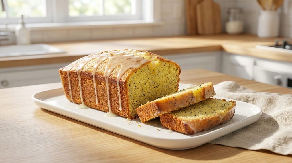 A bright and sunny lemon poppy seed loaf perfectly baked and sliced with a lemon glaze drizzled over it on a white servi