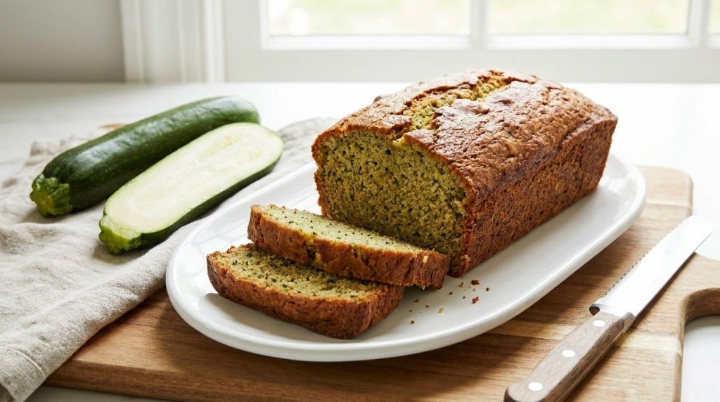 A loaf of moist zucchini bread sliced with visible flecks of zucchini served on a white plate with a side of fresh zucch