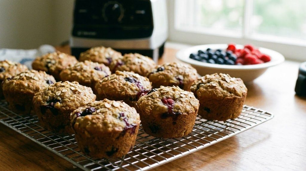 Healthy golden-brown berry oat muffins bursting with mixed berries arranged on a rustic cooling rack with a blender and 