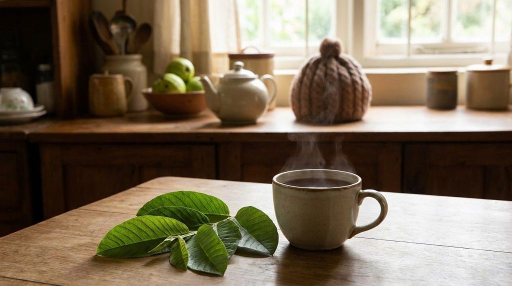 A steaming cup of freshly brewed guava leaf tea with a few fresh guava leaves as garnish