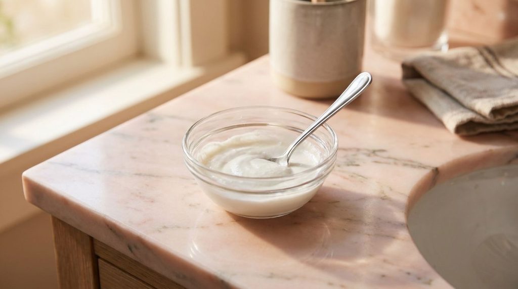 A small glass bowl containing a smooth paste made from crushed aspirin and baby oil with a small spoon for mixing set on