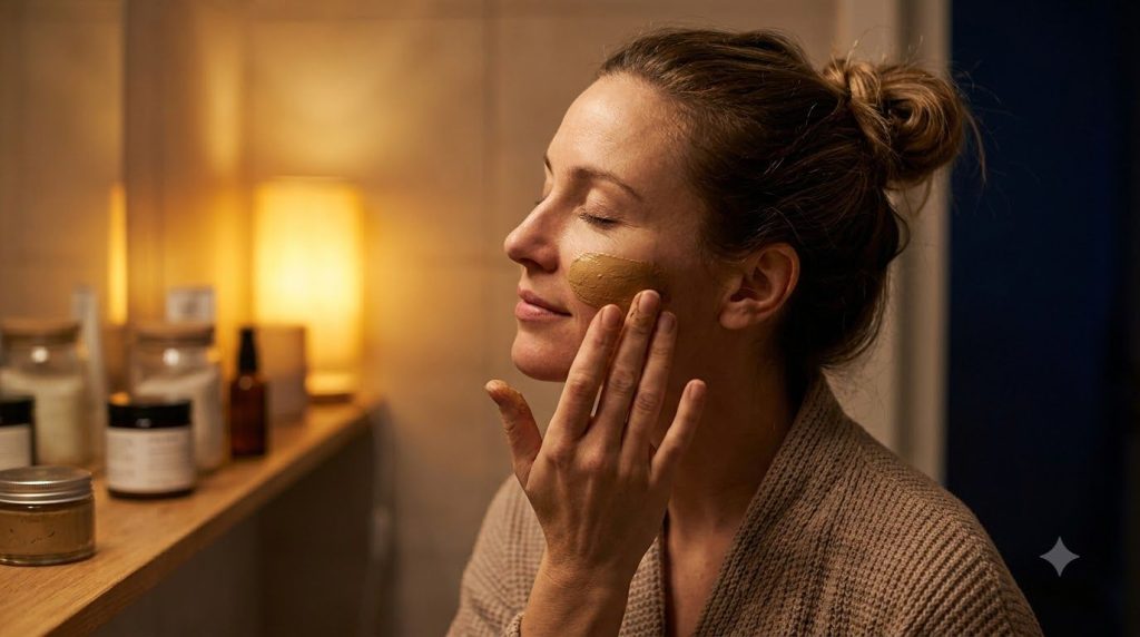 A woman gently applying a DIY face mask blend to her face at night in a soft calm bathroom setting