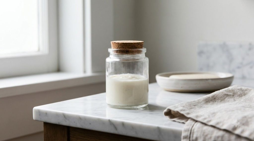 A small glass jar containing the mixed aspirin and baby oil blend ready for use on a clean bathroom counter