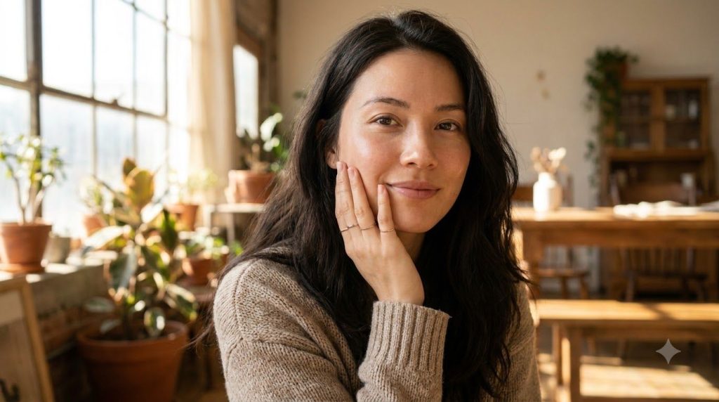 A woman with a smooth radiant complexion gently touching her cheek smiling slightly in a soft natural light setting