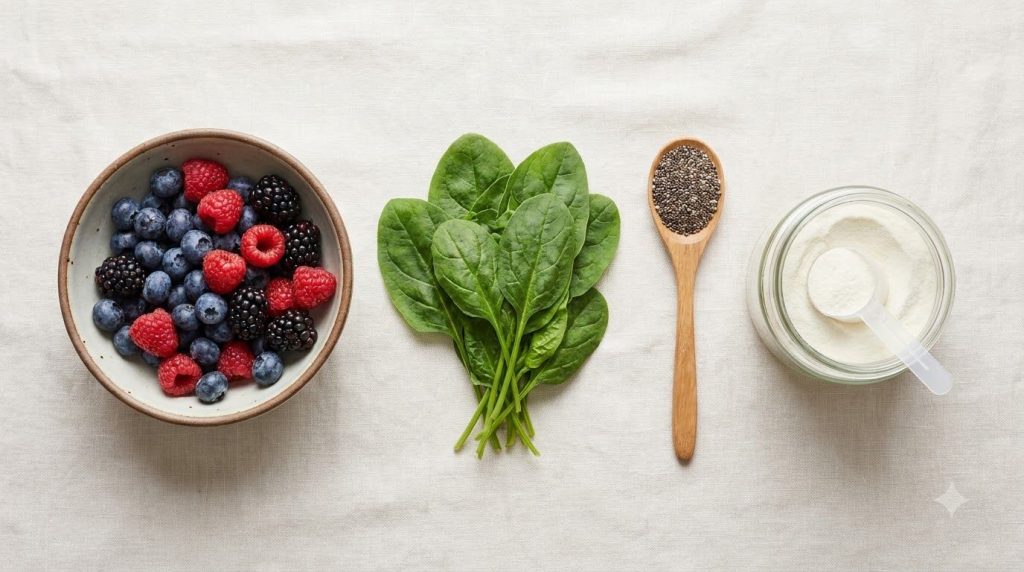 A flat lay image showing the individual ingredients for a beauty drink mixed berries a small pile of fresh spinach a spo