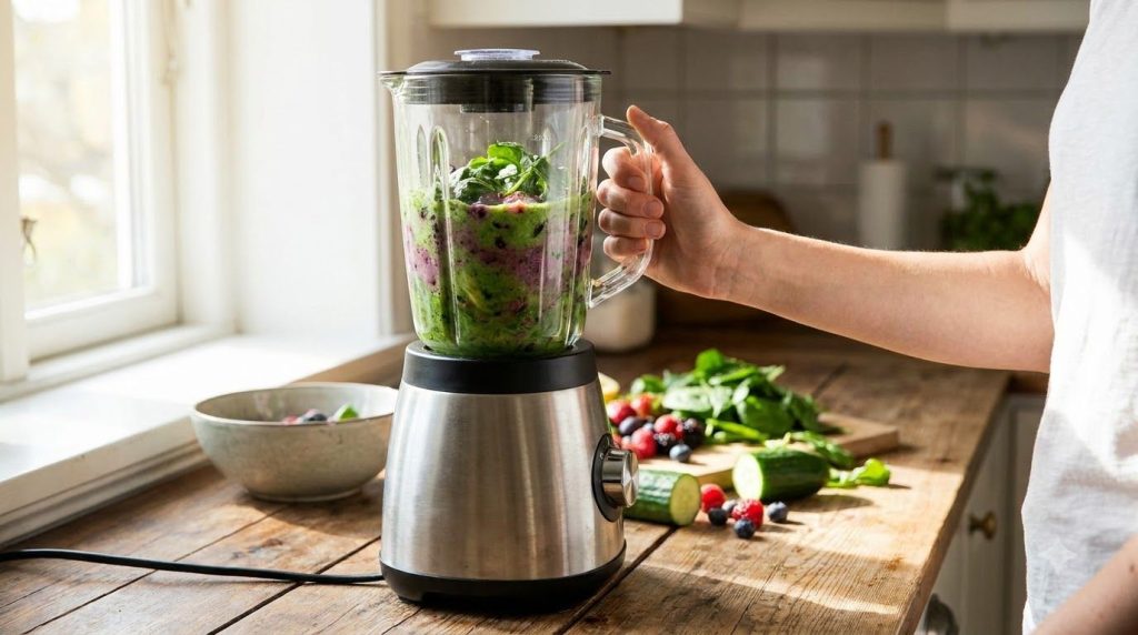 A blender blending the beauty drink ingredients showing a swirling vibrant green and purple mixture inside with a hand s