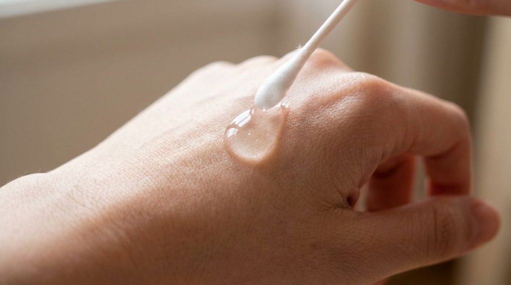 A close-up of a drop of the clear gel being dabbed onto the back of a hand for a patch test highlighting the smooth text