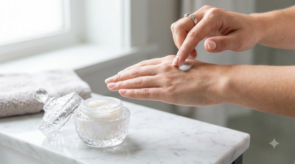 A close-up of a small glass container holding a creamy slightly translucent skincare mix with a finger gently dabbing so