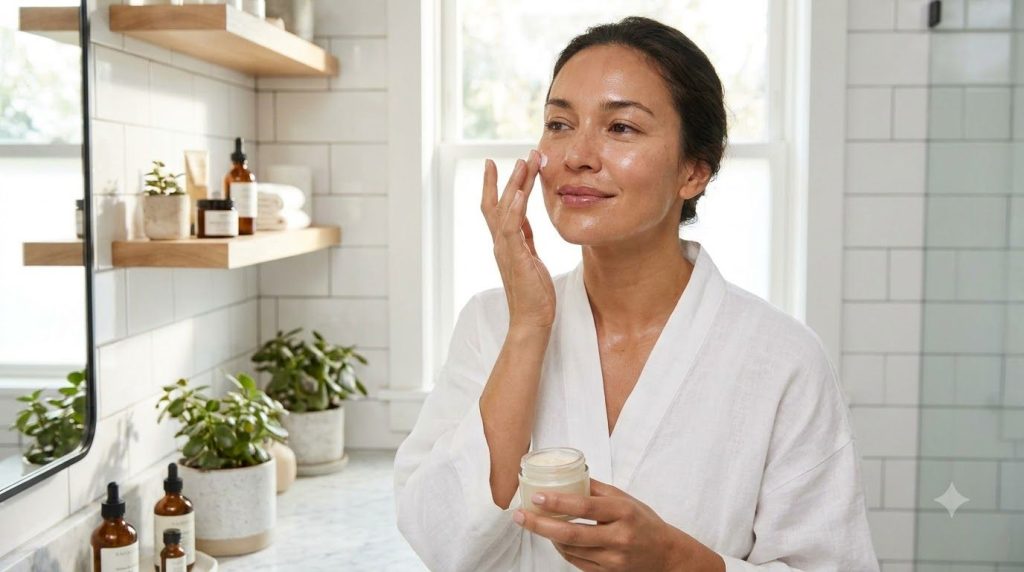 A woman gently applying a thin layer of the beauty blend to her cheek with her fingertips her skin looking fresh and hyd