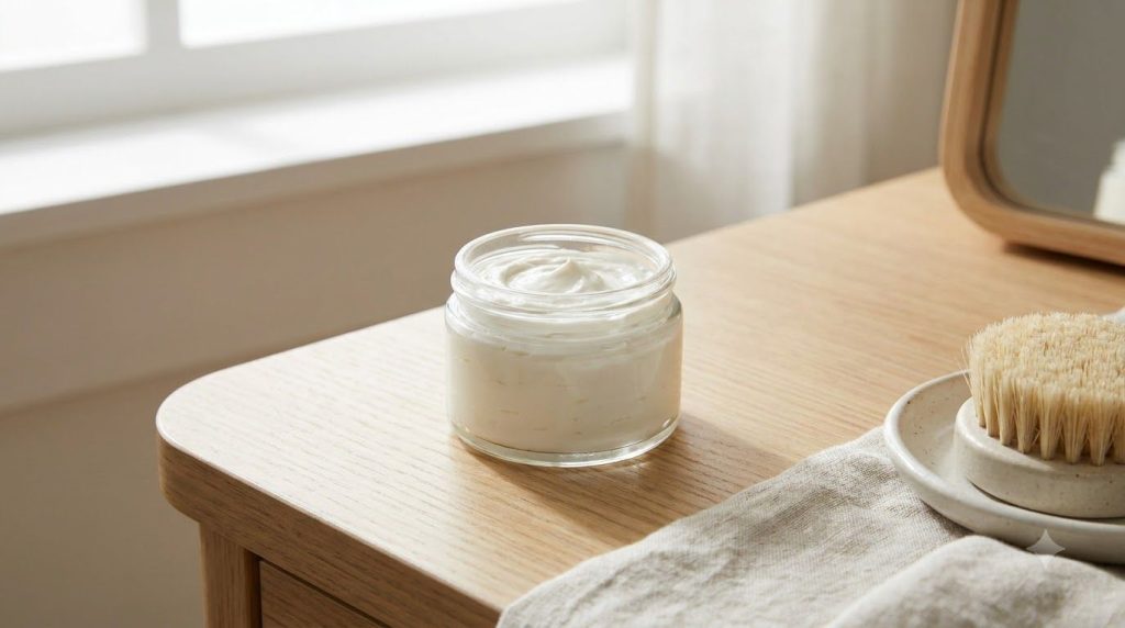 A small airtight glass jar filled with the freshly made smooth white beauty blend placed on a light vanity table