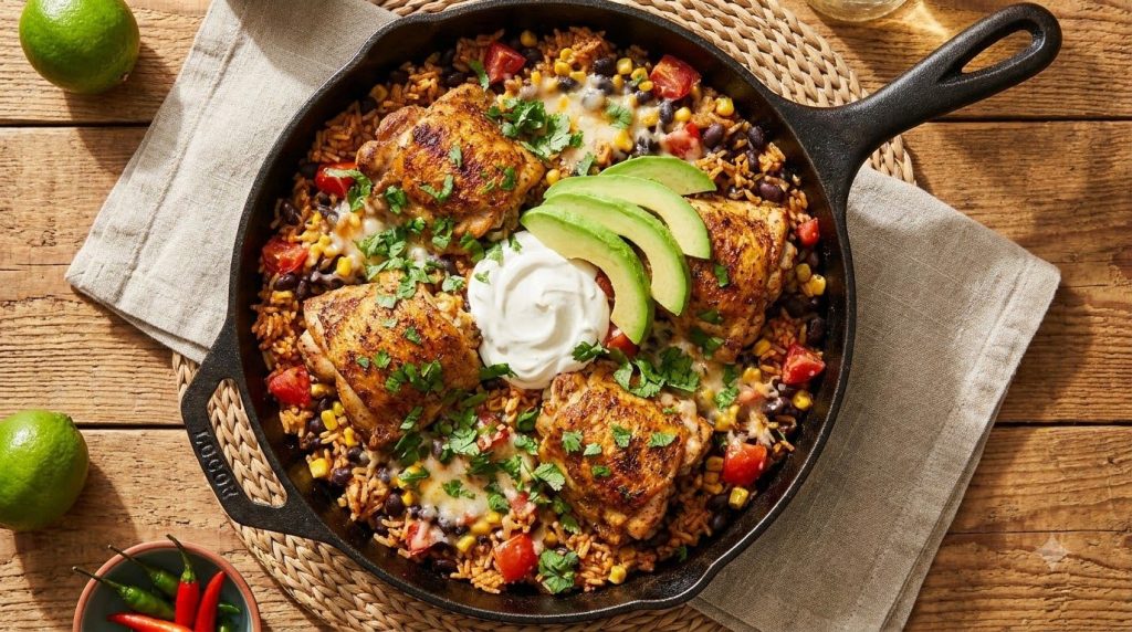 A hearty Mexican chicken and rice skillet garnished with fresh cilantro avocado slices and a dollop of sour cream The di