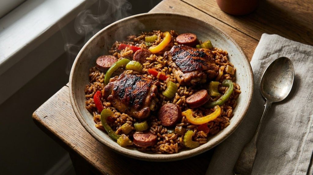 A rich and smoky Cajun chicken and rice jambalaya filled with chicken sausage bell peppers and celery served in a rustic