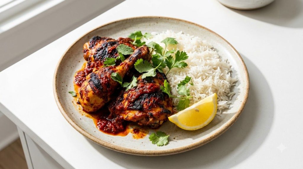 A plate of vibrant Peri Peri chicken and rice featuring grilled or baked chicken pieces coated in a red Peri Peri sauce 