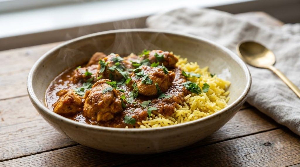 A fragrant bowl of Masala chicken and rice featuring tender chicken pieces coated in a rich spiced tomato-based sauce mi