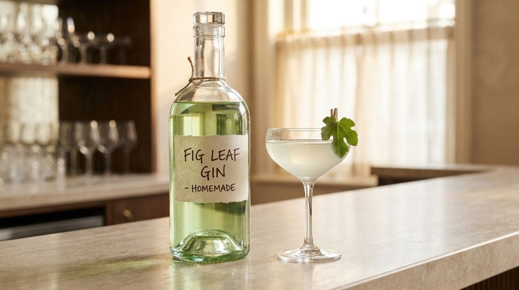 A beautifully bottled and labeled homemade fig leaf gin perhaps with a fig leaf garnish ready to be enjoyed in a cocktai