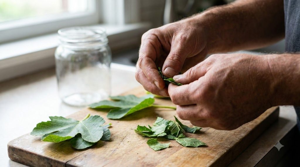 Hands gently tearing fresh fig leaves into pieces preparing them for infusion with a clean glass jar in the background
