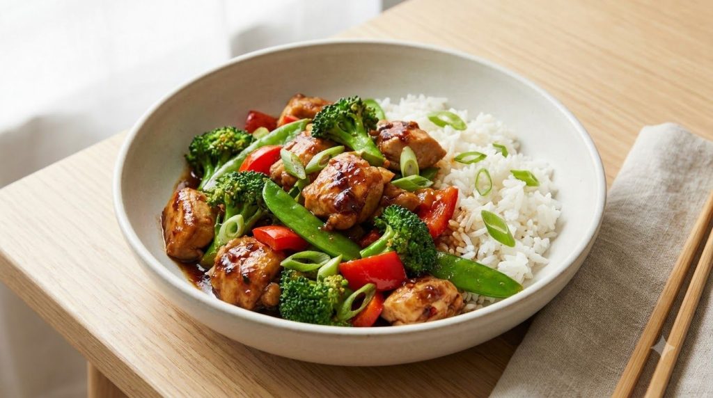 A savory chili garlic chicken and rice stir-fry with glossy chicken pieces bright green vegetables like broccoli or snow
