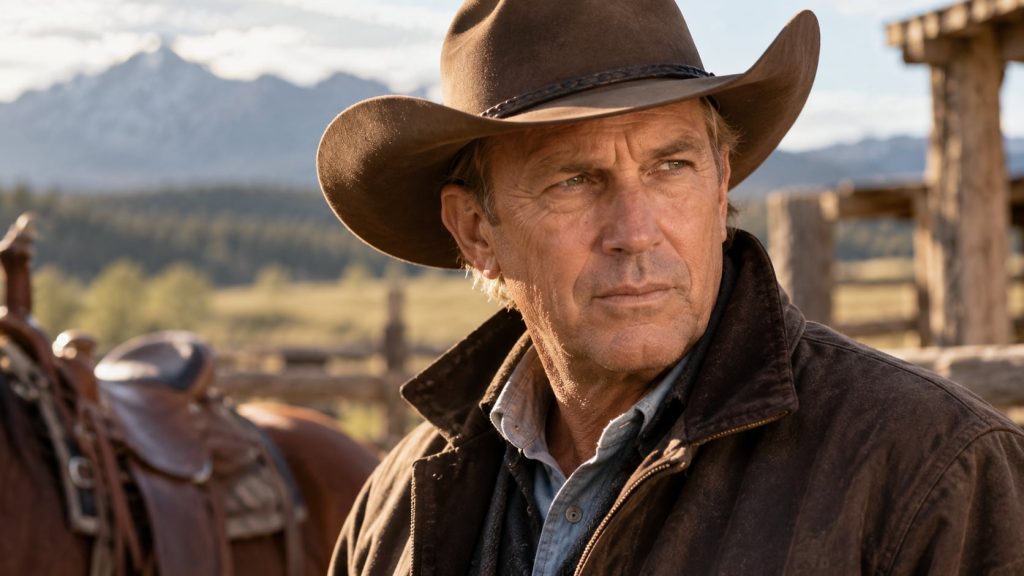 Kevin Costner in a classic Western setting perhaps from one of his films like Dances with Wolves or Yellowstone wearing 