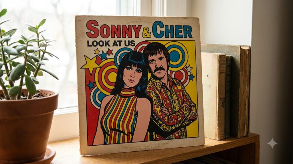 A vintage album cover for Sonny Cher s Look at Us album featuring a publicity photo of the duo from the 1960s