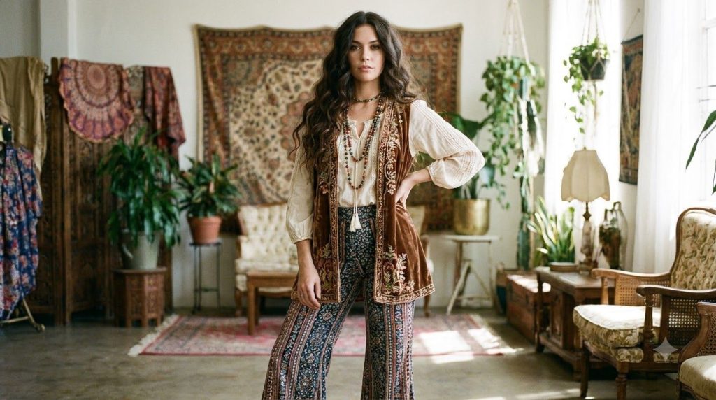 Cher in a distinctive 1960s bohemian outfit with long dark hair showcasing her iconic fashion sense