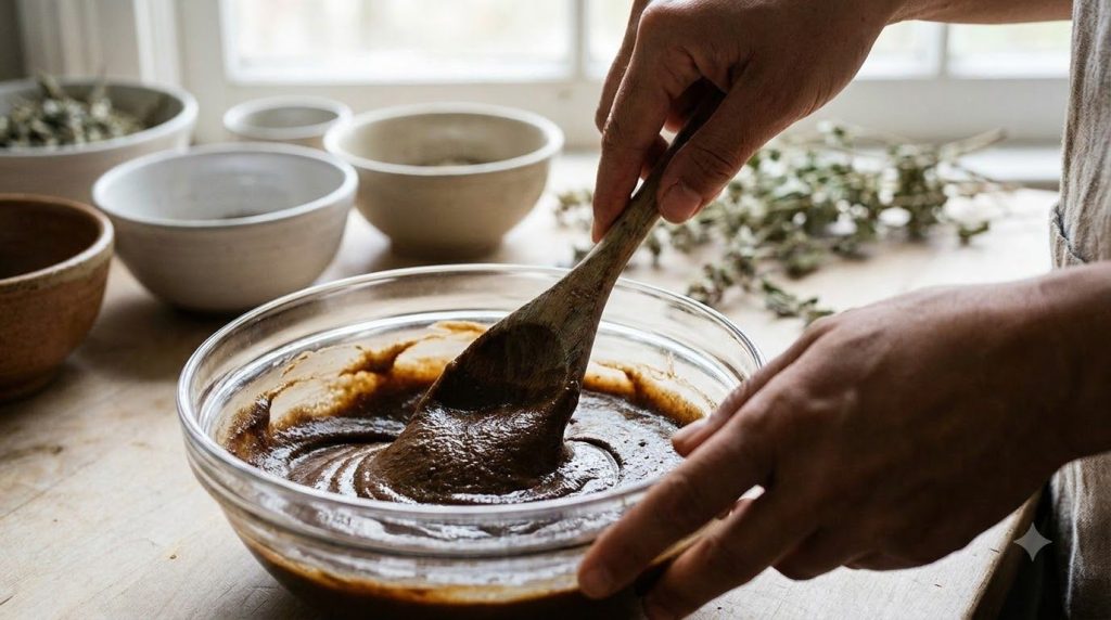 Hands mixing a dark brown herbal paste in a bowl showing the consistency of the natural hair mask