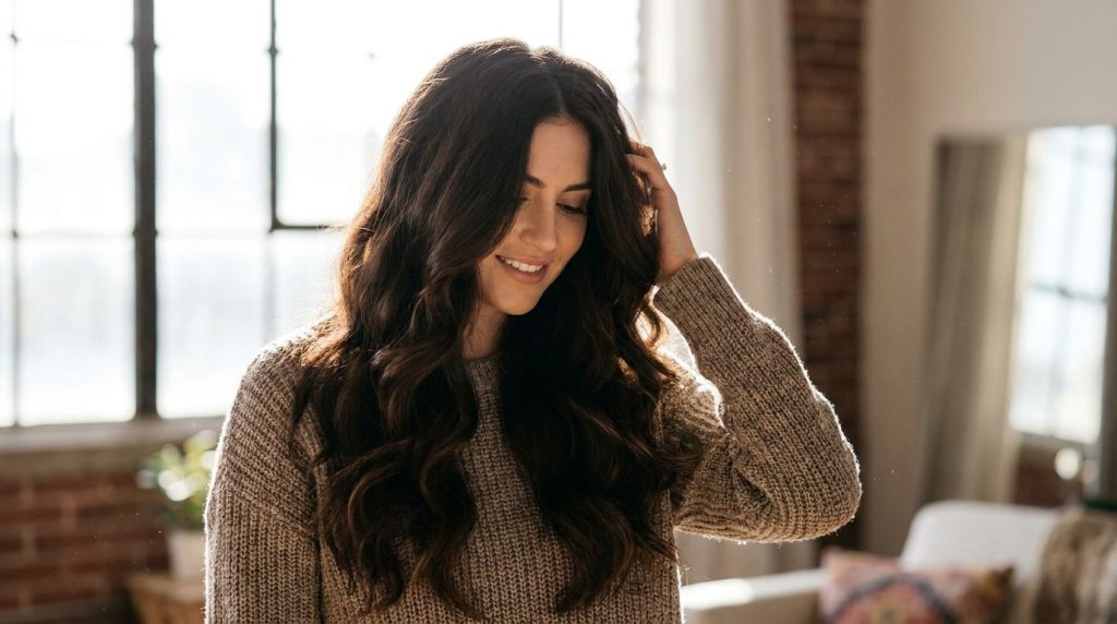 A woman with shiny dark hair showing the potential results of using a natural hair darkening remedy